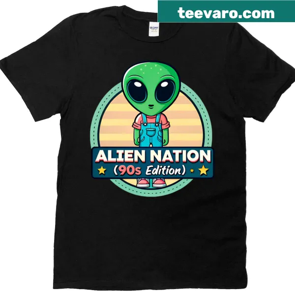 Retro alien graphic on a nostalgic 90s-themed T-shirt