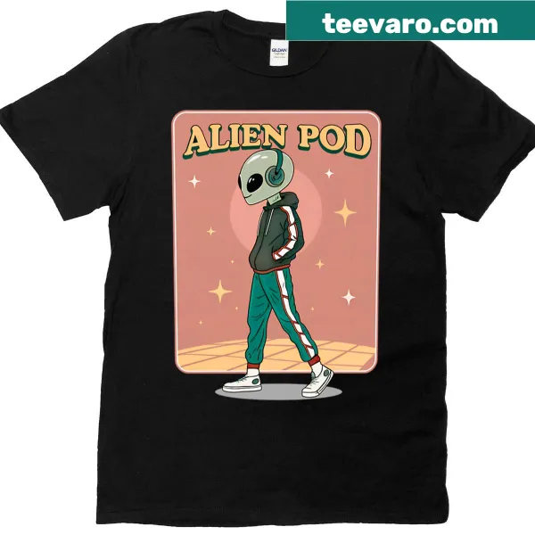 Retro Alien Pod t-shirt featuring a whimsical alien spacecraft design