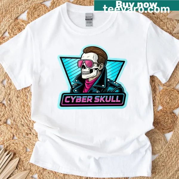 Retro 80s T-shirt with neon cyber skull and grid design