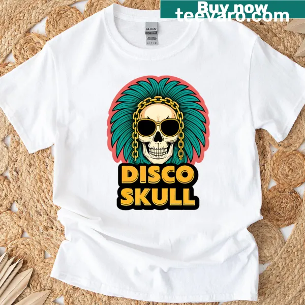 Retro 70s T-shirt featuring a disco skull design with feathered hair
