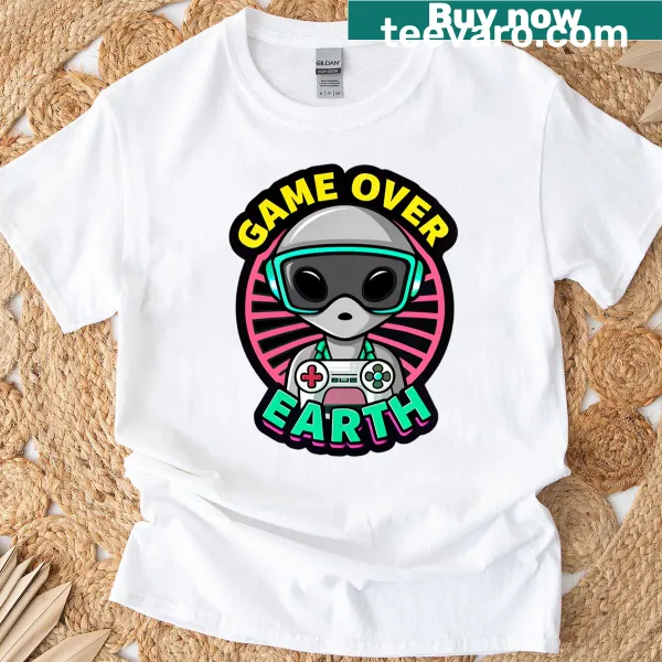 Retro 80s t-shirt with alien graphic and 'Game Over Earth' text