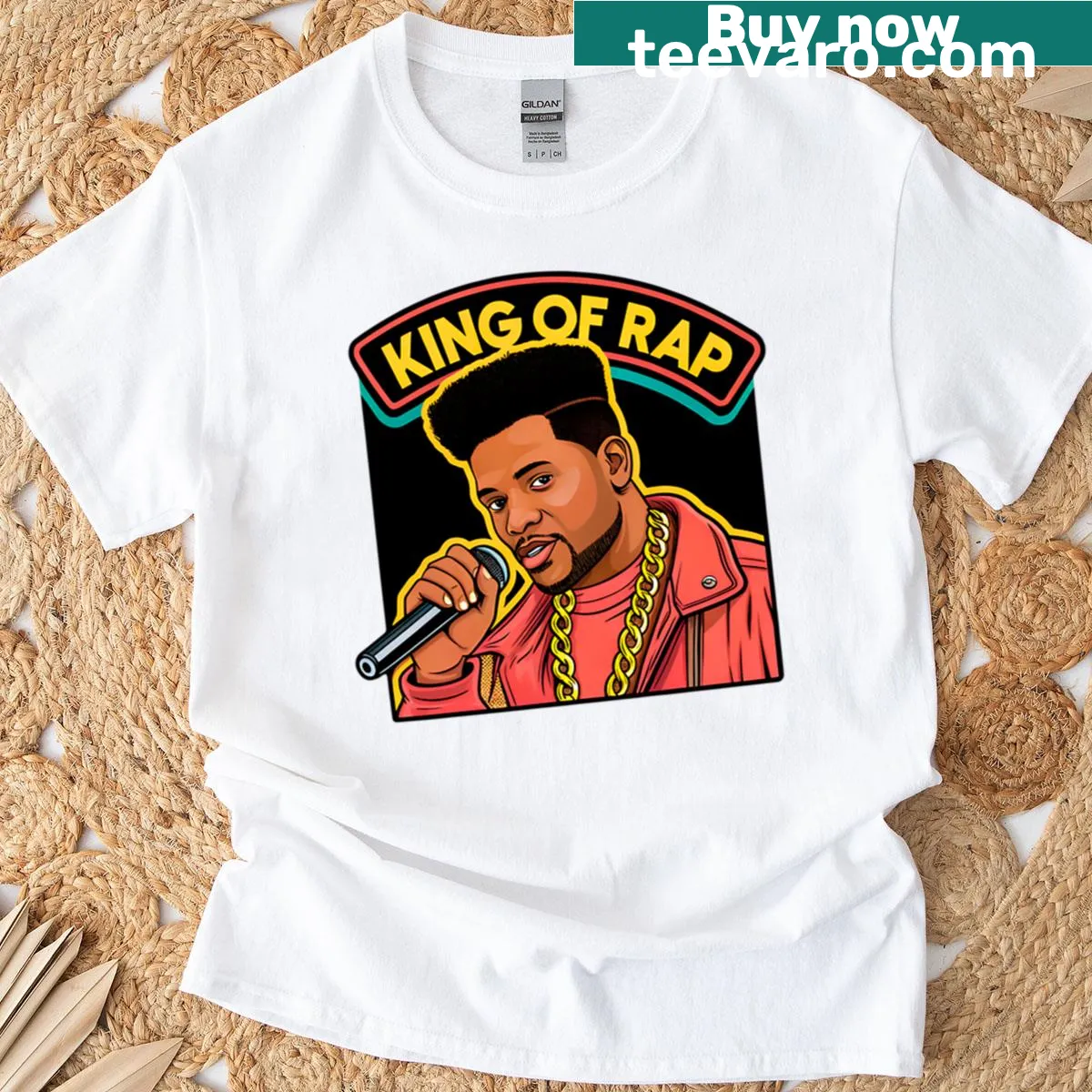 Retro-style King of Rap graphic on T-shirt. — on a men's t-shirt