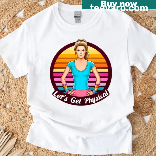 Retro 80s aerobics-themed T-shirt with 'Let's Get Physical' text