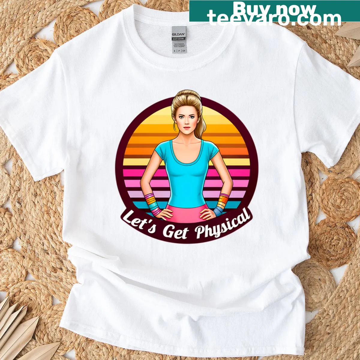 Retro 80s aerobics-themed T-shirt with 'Let's Get Physical' text — on a men's t-shirt