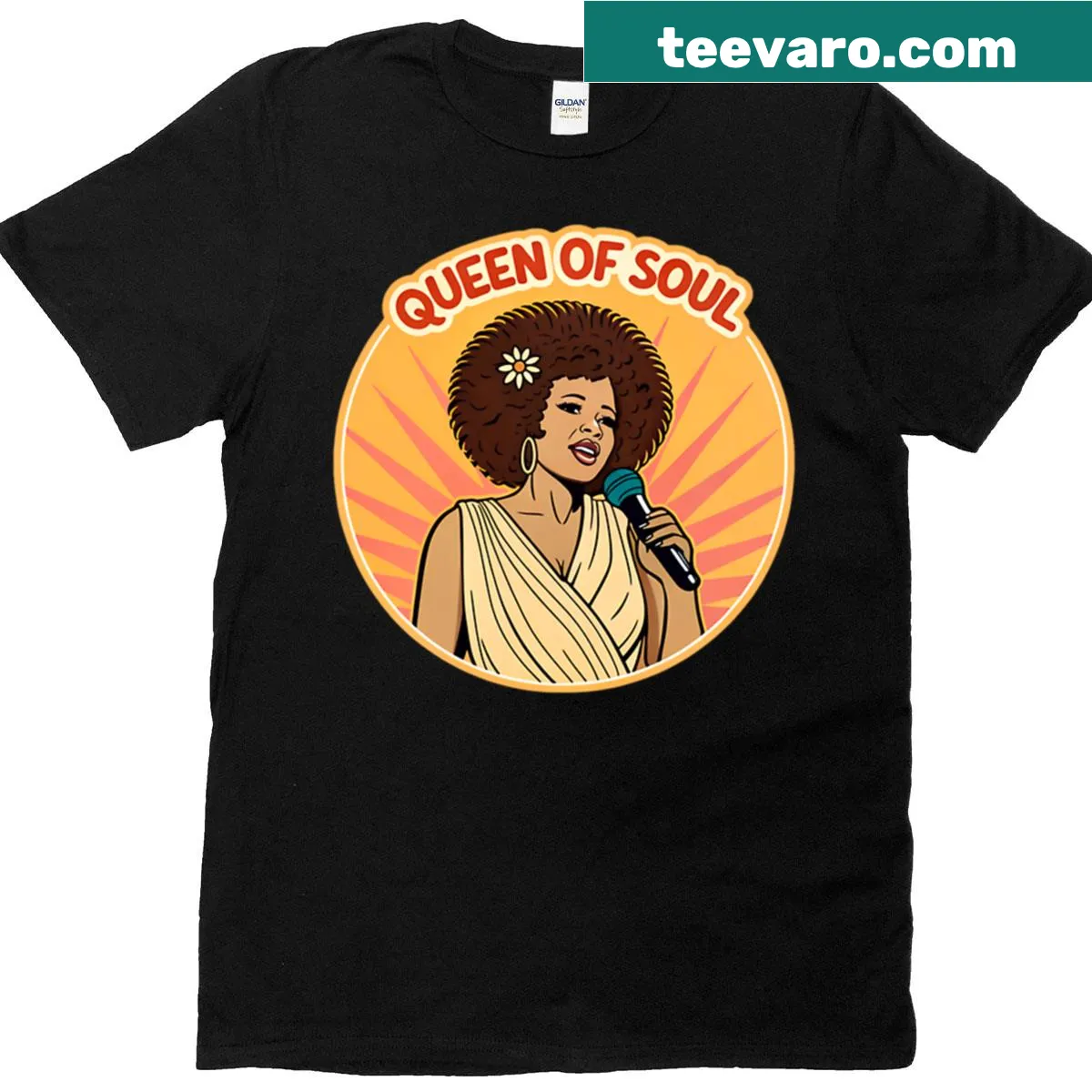 Retro design T-shirt honoring the Queen of Soul with a nostalgic music theme — on a men's t-shirt