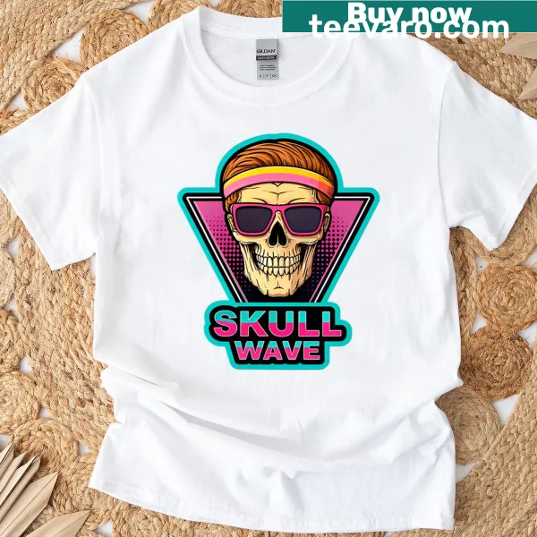 Retro T-shirt featuring a neon skull graphic in 80s style