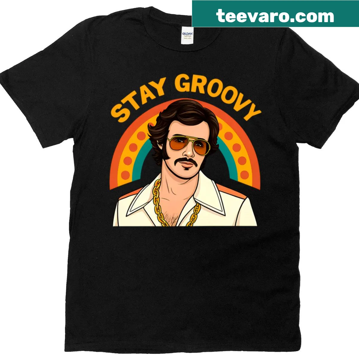 Retro t-shirt featuring the phrase 'Stay Groovy Man' in a playful design — on a men's t-shirt