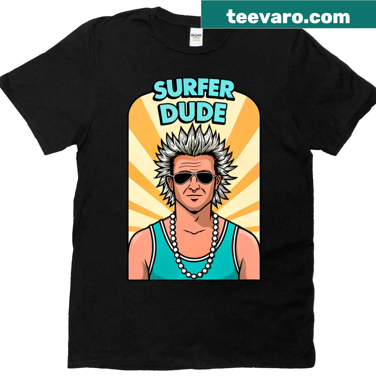 Retro 90s surfer dude graphic t-shirt — on a men's t-shirt