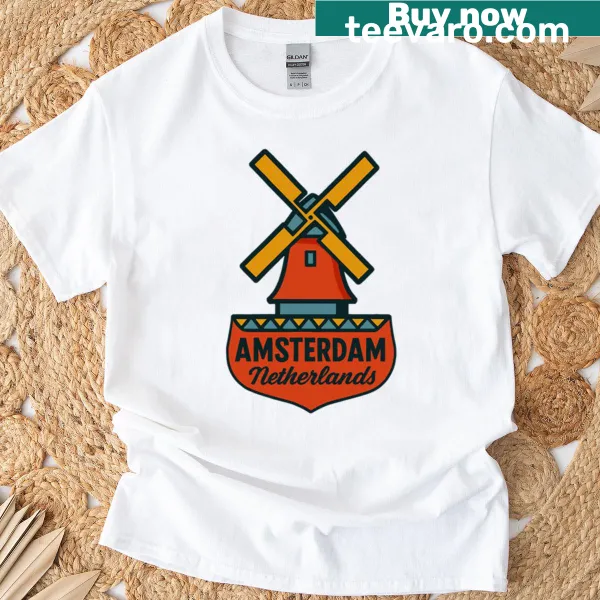 Vintage-style Amsterdam T-shirt featuring iconic city motifs