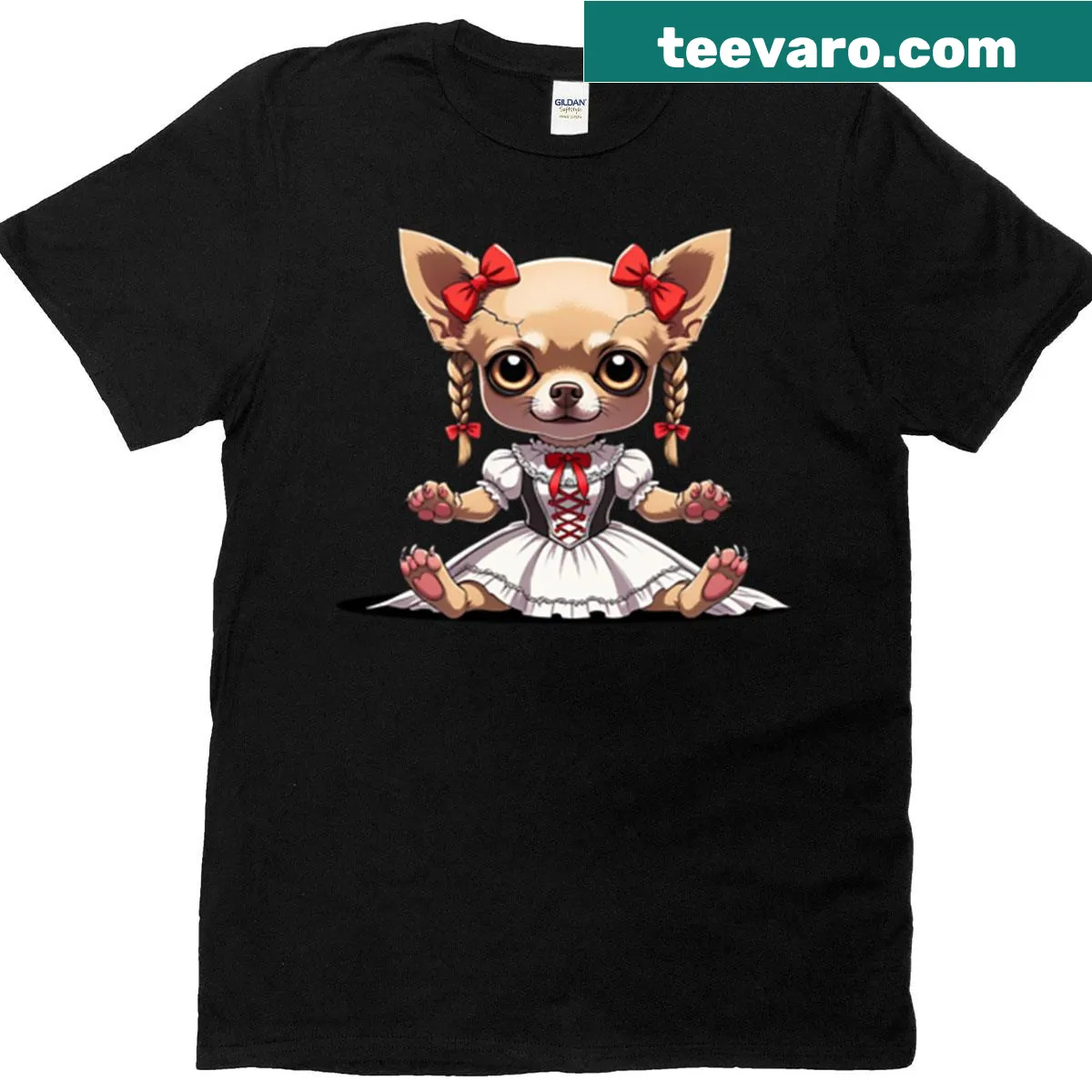 Vintage graphic featuring a creepy Victorian doll and Chihuahua on a T-shirt — on a men's t-shirt
