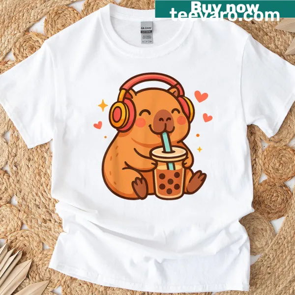 Kawaii T-shirt featuring a cute capybara drinking bubble tea