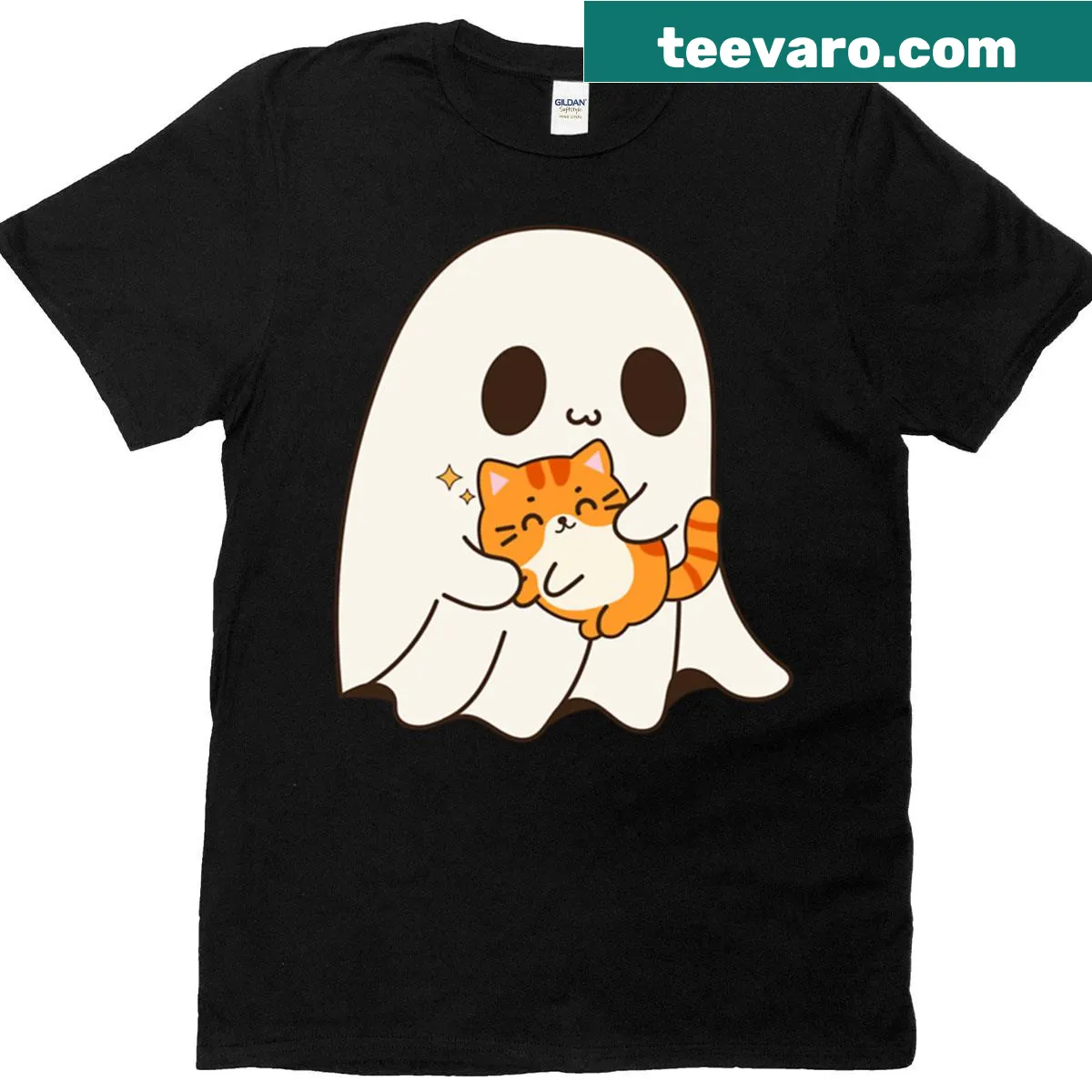 Ghost and cat Halloween graphic on a cute oversized T-shirt — on a men's t-shirt