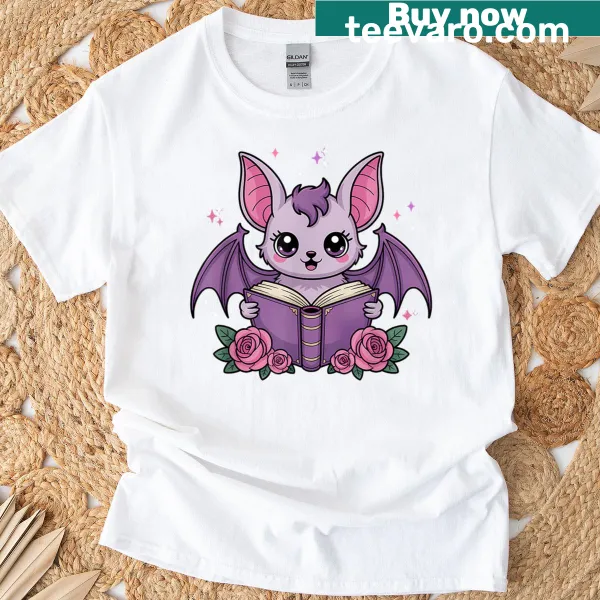 Cute t-shirt with a pastel goth bat reading a book