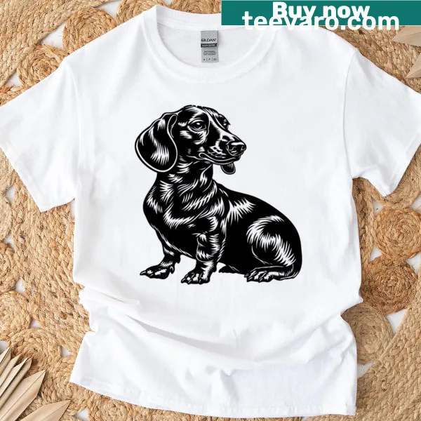 Bold black and white dachshund illustration on a T-shirt