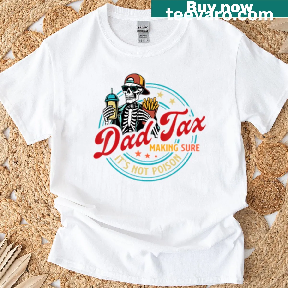 Skeleton graphic t-shirt with Dad Tax humor on both sides — on a men's t-shirt