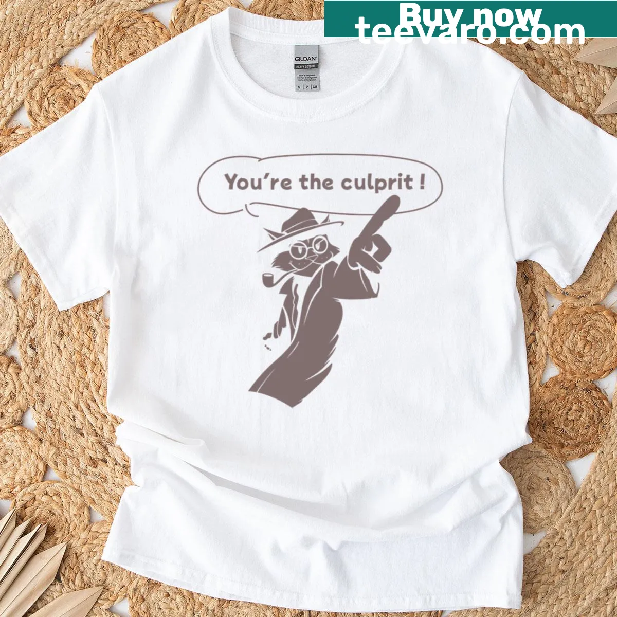 Illustration of a cat detective with humorous text — on a men's t-shirt