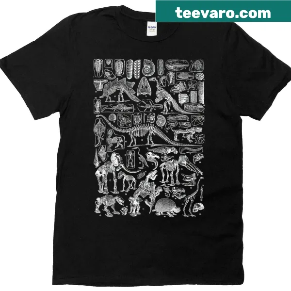 T-rex fossil graphic on a paleontology-themed shirt