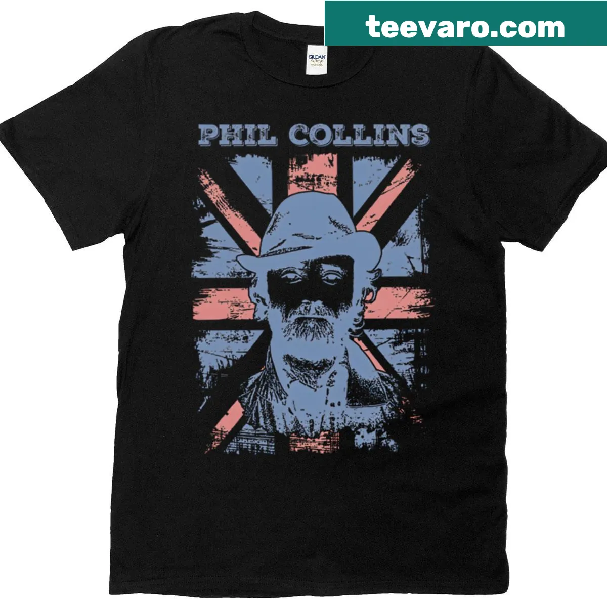 Vintage-style T-shirt featuring Phil Collins and Union Jack graphic — on a men's t-shirt