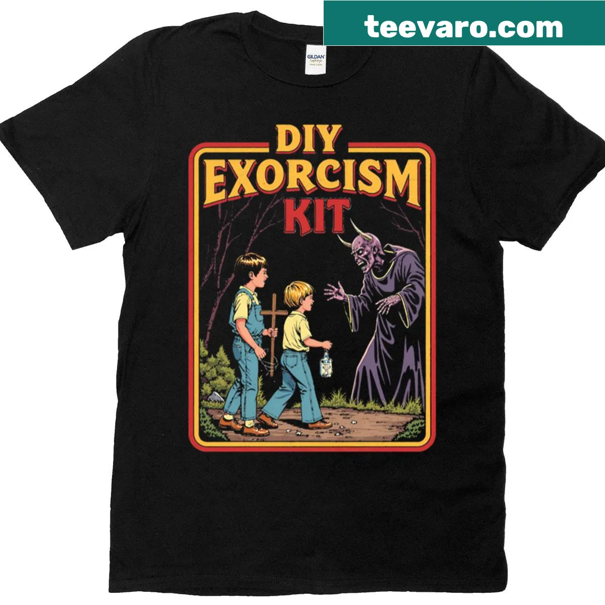 Retro humor t-shirt featuring a DIY exorcism kit graphic — on a men's t-shirt