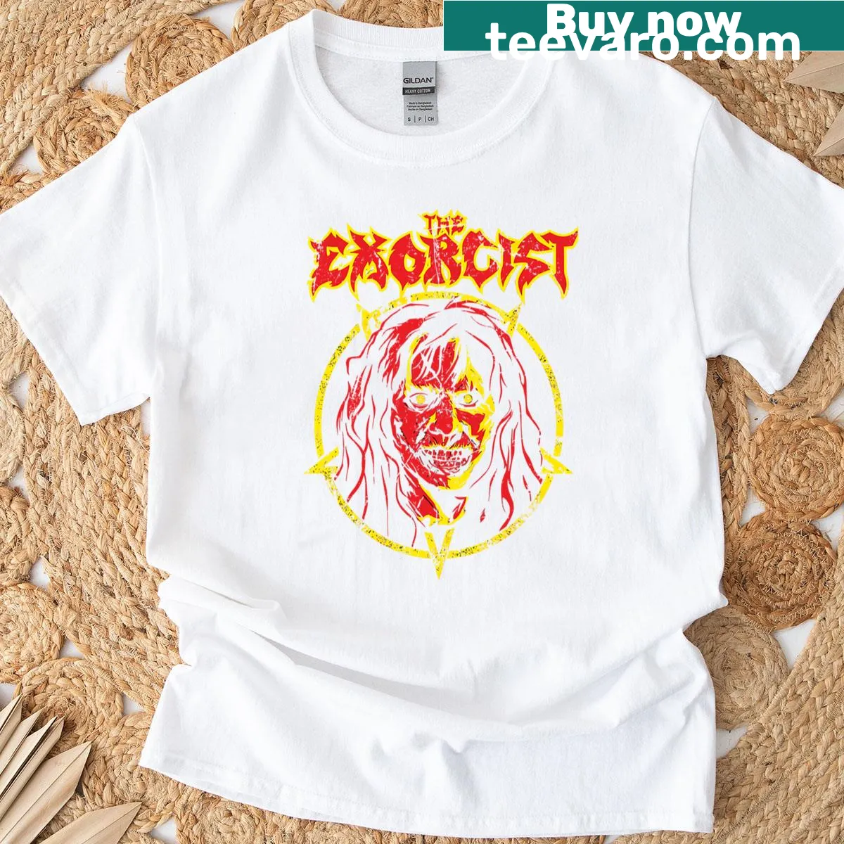 Distressed Exorcist T-shirt featuring a horror-themed graphic — on a men's t-shirt
