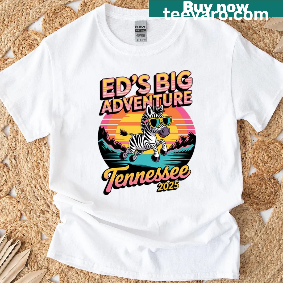 Cartoon zebra graphic with retro adventure theme — on a men's t-shirt