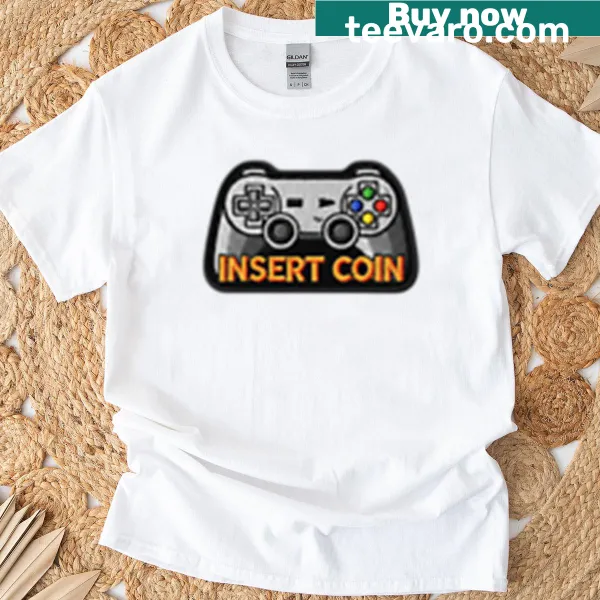 Retro gaming t-shirt with an embroidered 'Insert Coin' patch design