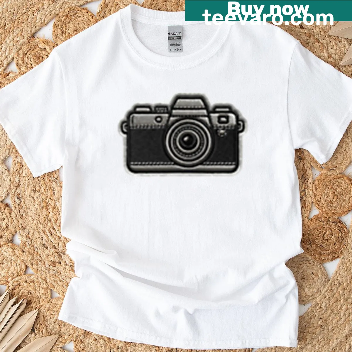 Embroidered retro camera patch on T-shirt for photographers. — on a men's t-shirt