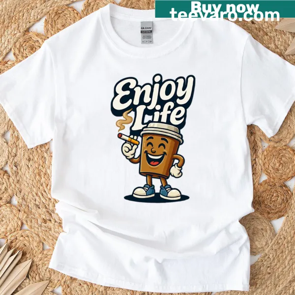 Cartoon illustration of a retro coffee cup on a t-shirt