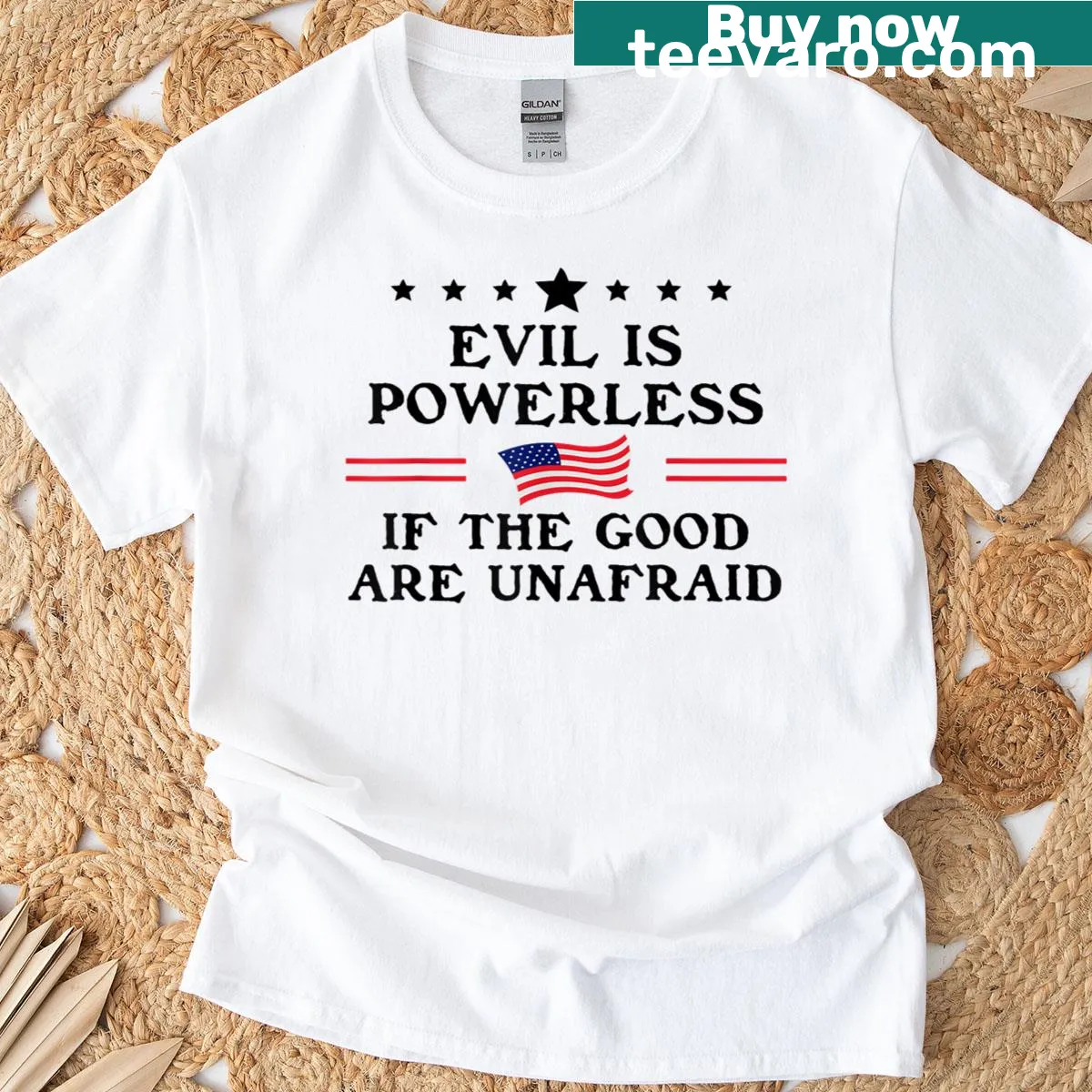 Bold text graphic shirt about standing up against evil — on a men's t-shirt
