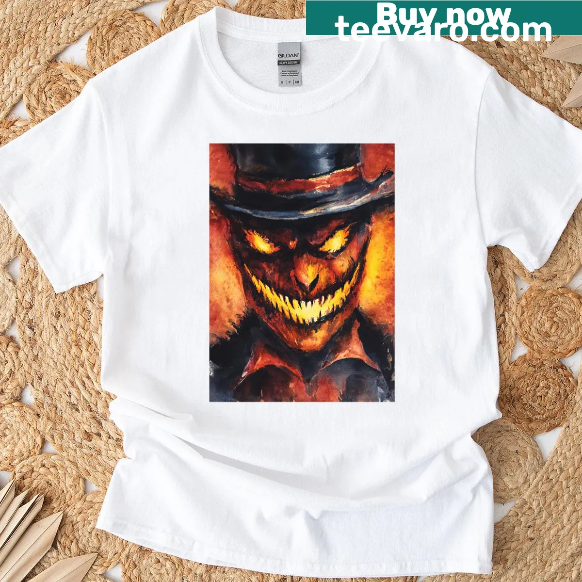 Illustration of an evil scarecrow in a top hat with a fiery grin — on a men's t-shirt