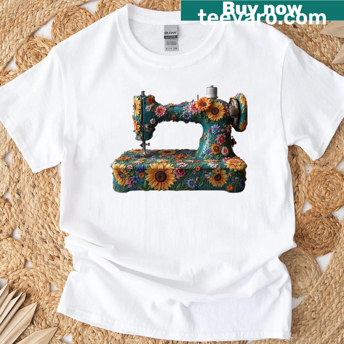 Vintage sewing machine and floral design on T-shirt. — on a men's t-shirt