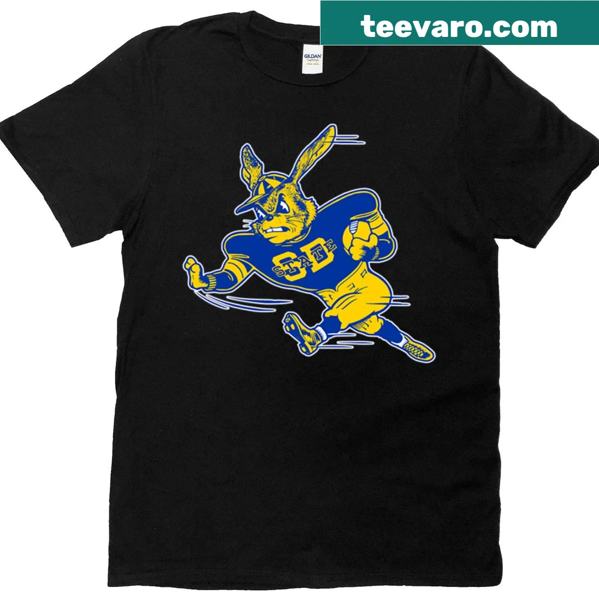 Typography t-shirt featuring football-themed 'Jacckrabbit' text — on a men's t-shirt