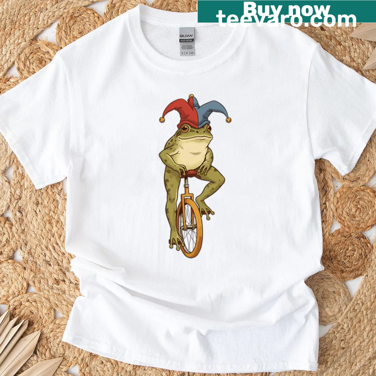 Vintage-style t-shirt featuring a frog on a unicycle design — on a men's t-shirt