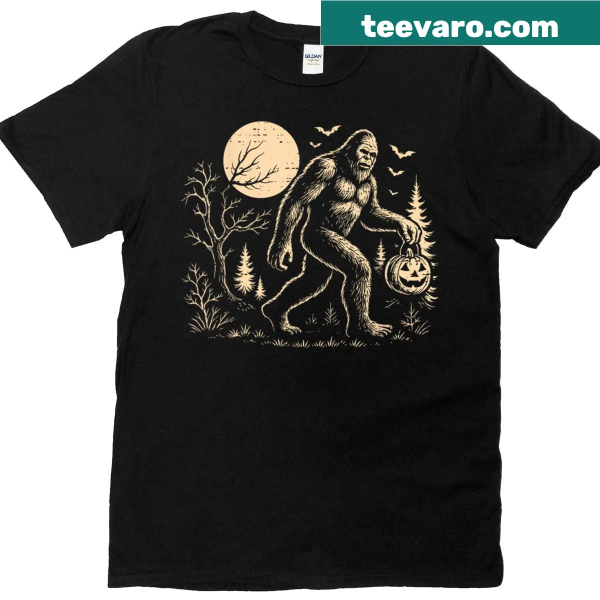 Cartoon Sasquatch carved into a pumpkin for Halloween, humorous design — on a men's t-shirt