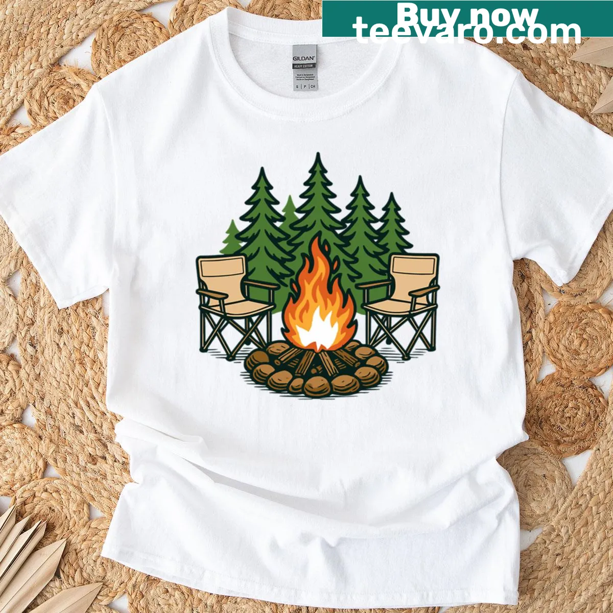 Cartoon design of camping chairs and a campfire for outdoor lovers — on a men's t-shirt