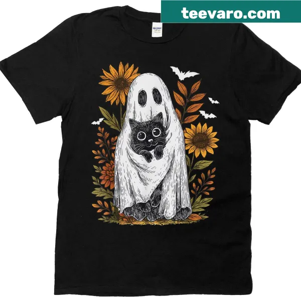 Funny ghost holding black cat Halloween shirt for cat lovers