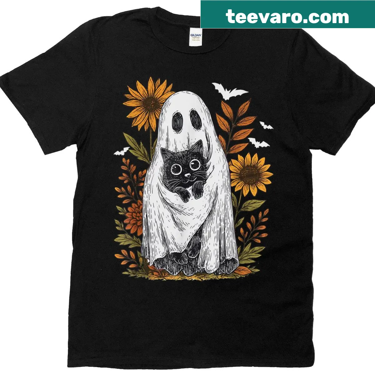 Funny ghost holding black cat Halloween shirt for cat lovers — on a men's t-shirt