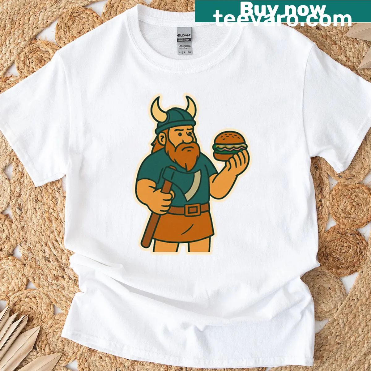 Oversized t-shirt with a vintage Viking burger warrior graphic — on a men's t-shirt