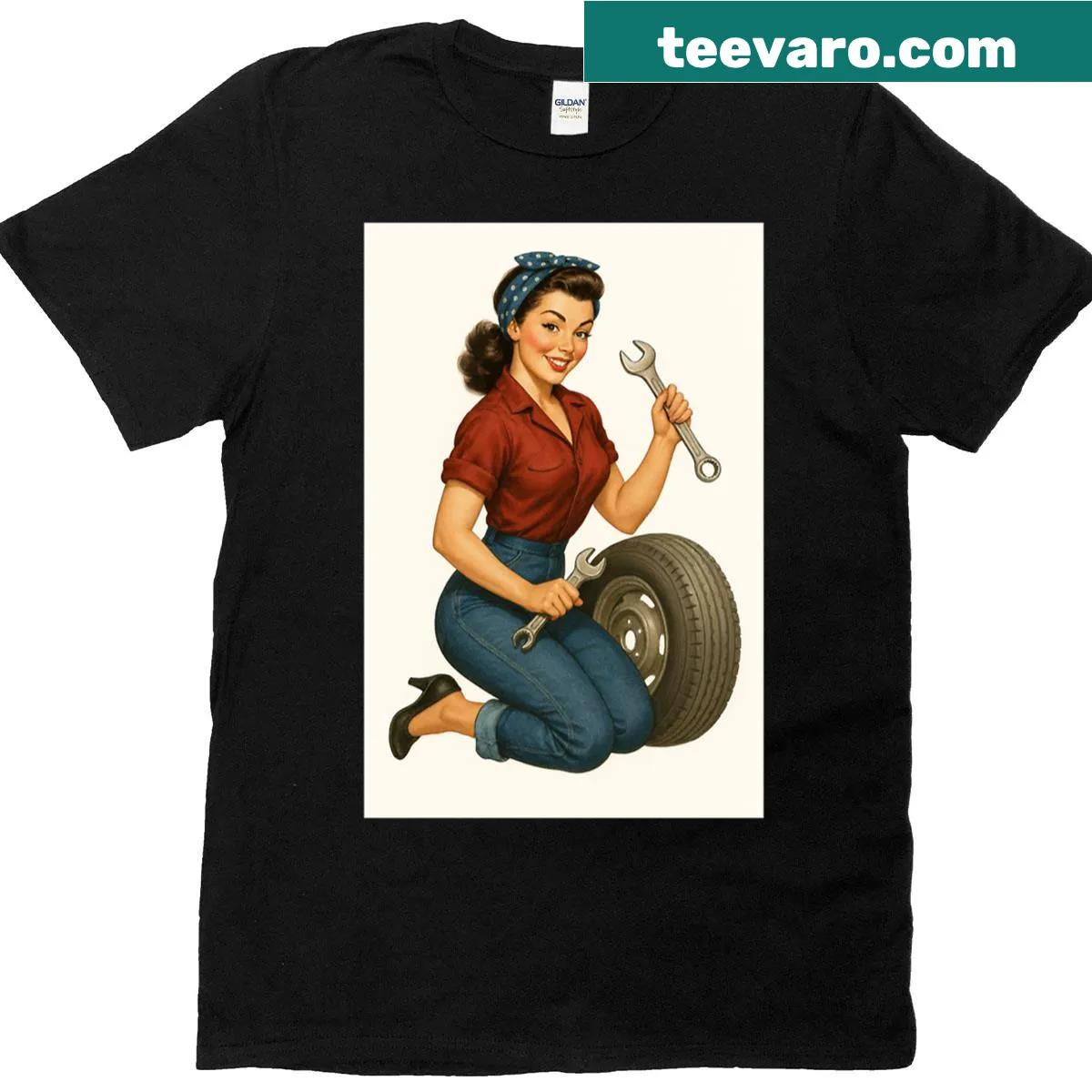 Vintage pin-up mechanic graphic oversized T-shirt — on a men's t-shirt