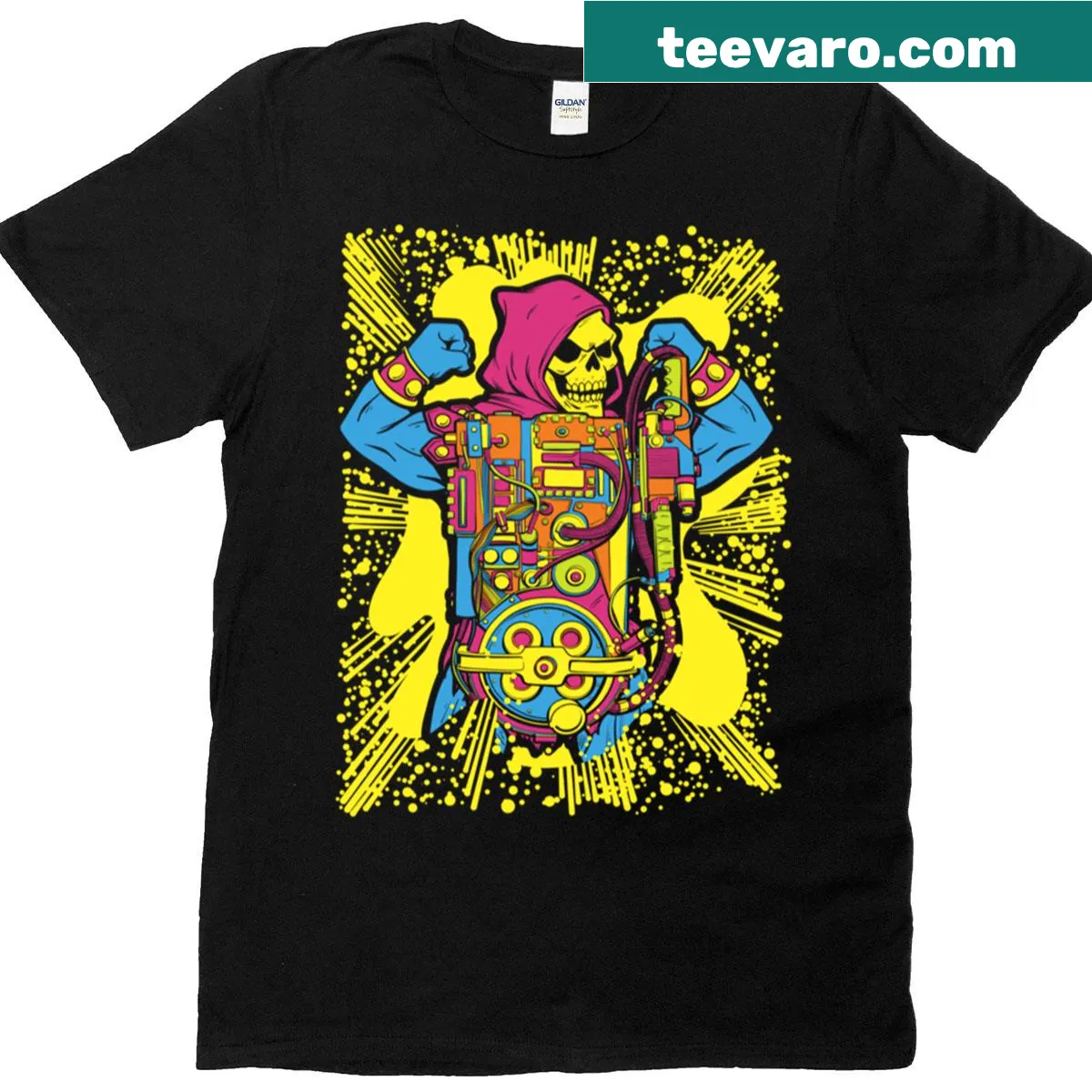 Cartoon-style Skeletor t-shirt with ghostbusting theme — on a men's t-shirt