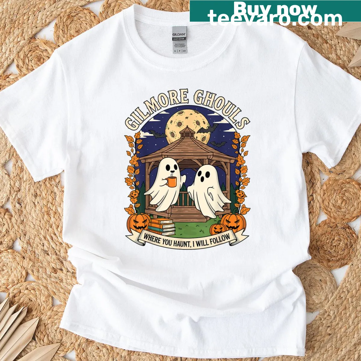 Halloween ghost t-shirt with whimsical graphic and text — on a men's t-shirt