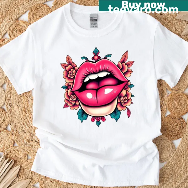 Stylish t-shirt featuring pink lips and tattoo roses