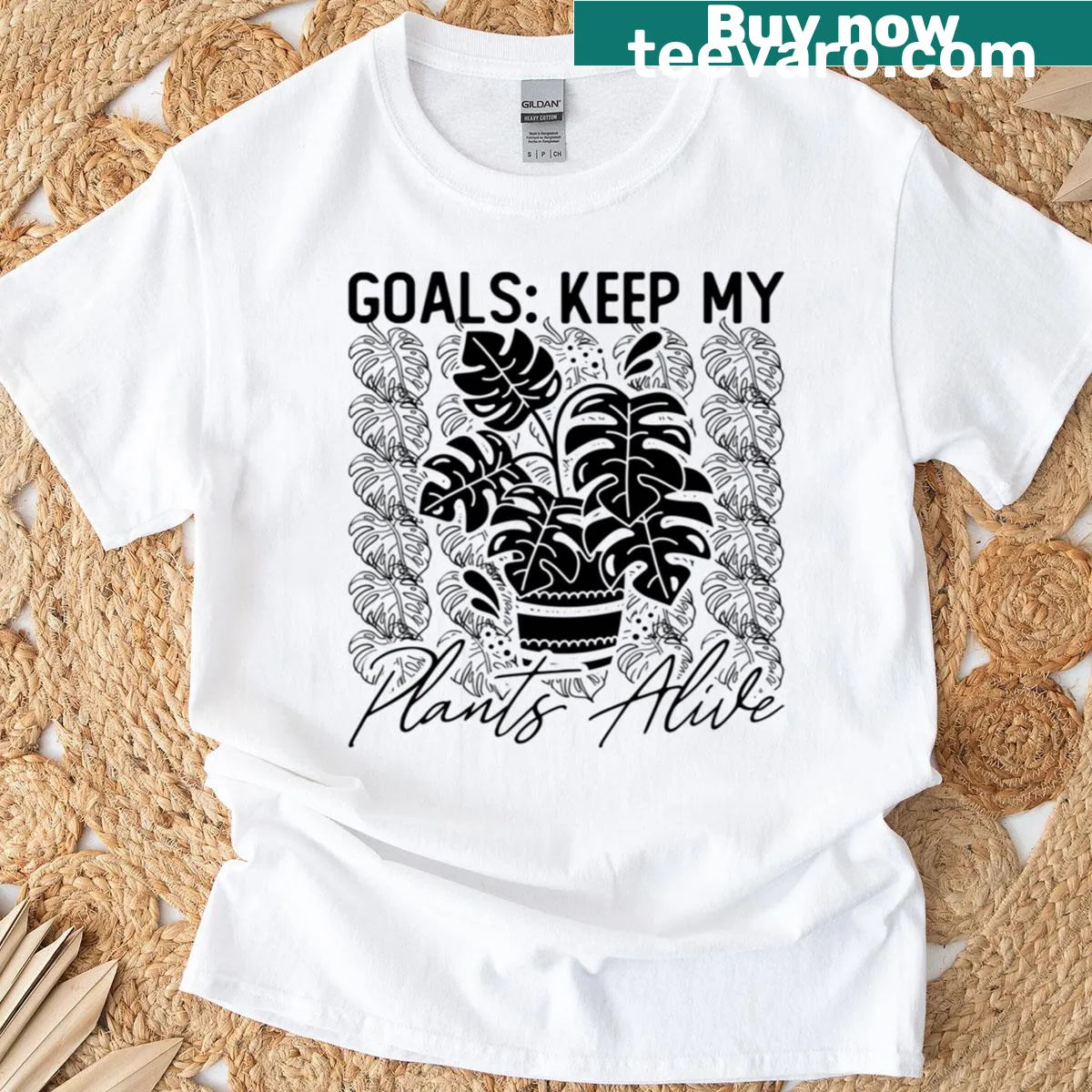 Inspirational gardening text on a Monstera-themed oversized T-shirt — on a men's t-shirt