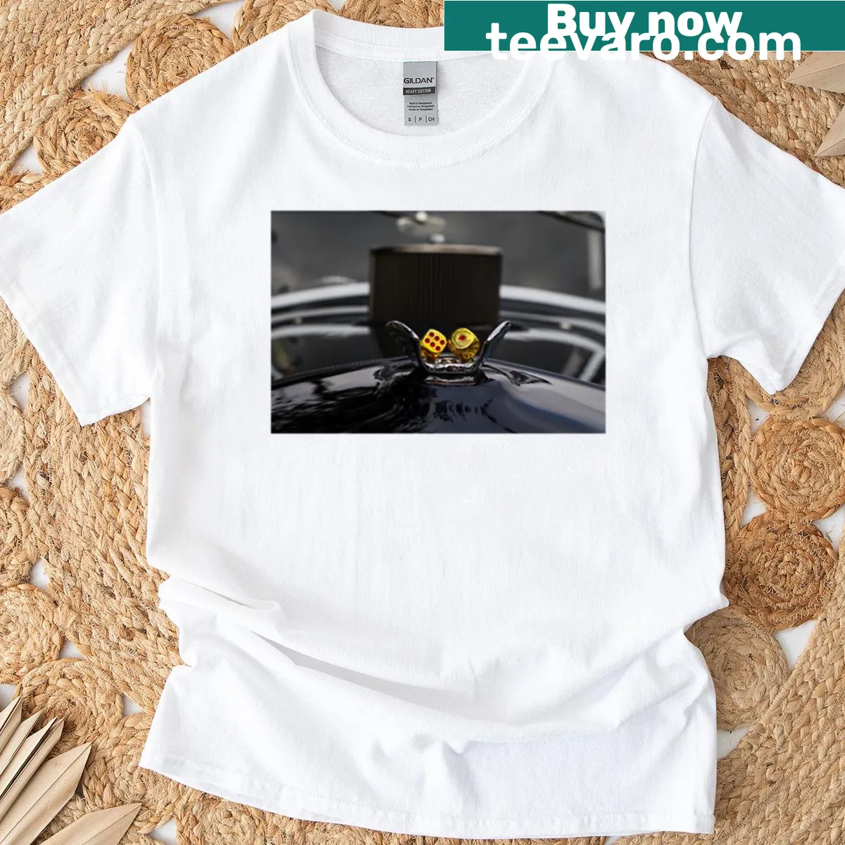 Golden dice graphic on a vintage car hood ornament T-shirt — on a men's t-shirt