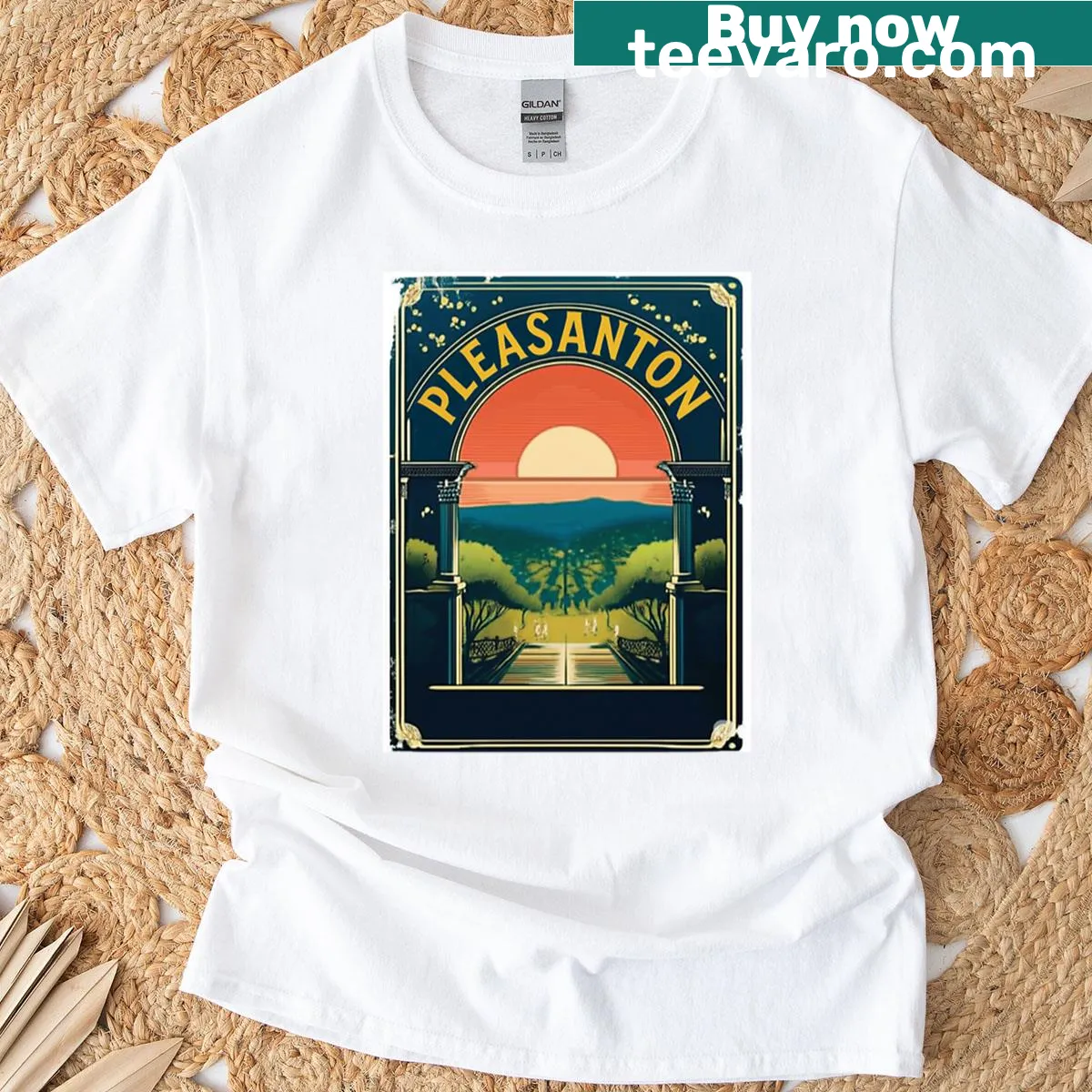 Silhouette t-shirt featuring the golden gateway to Pleasanton — on a men's t-shirt