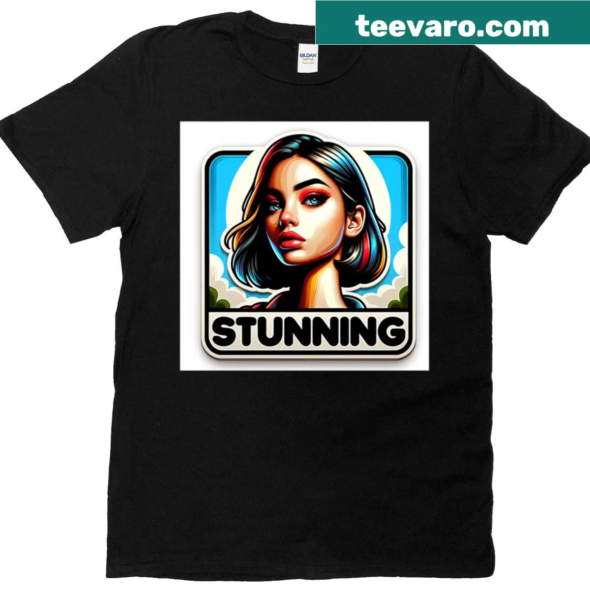 T-shirt featuring stained glass style artwork of a woman — on a men's t-shirt