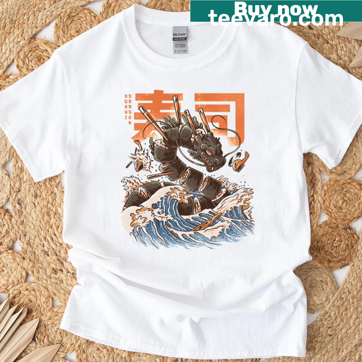 Cartoon dragon enjoying sushi graphic — on a men's t-shirt