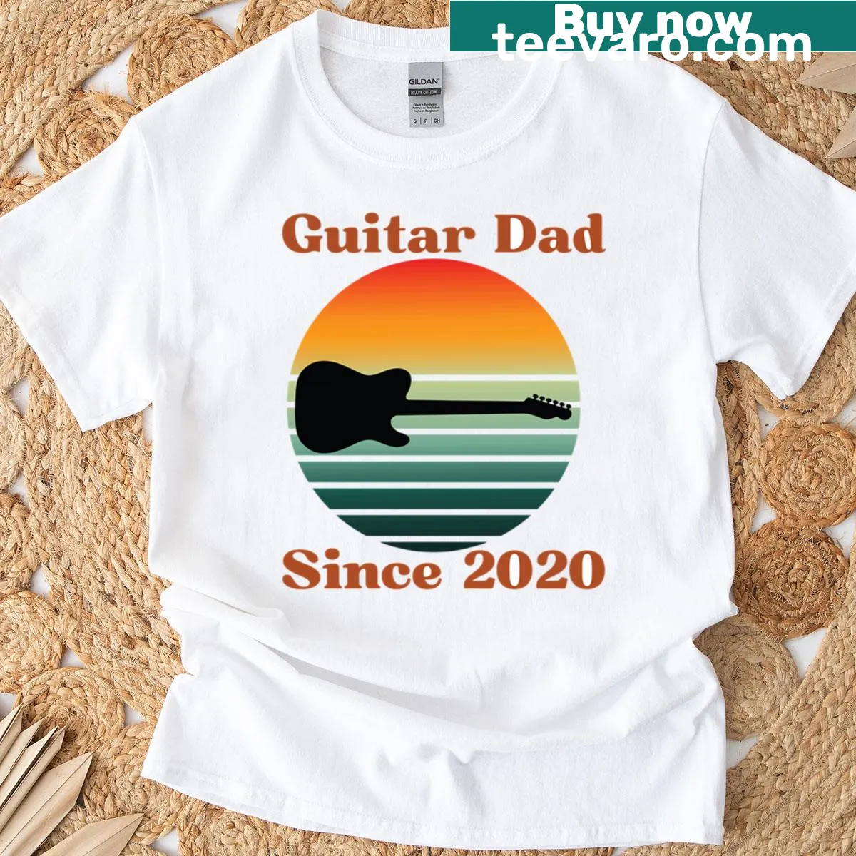 Guitar Dad graphic t-shirt with proud since 2020 text — on a men's t-shirt