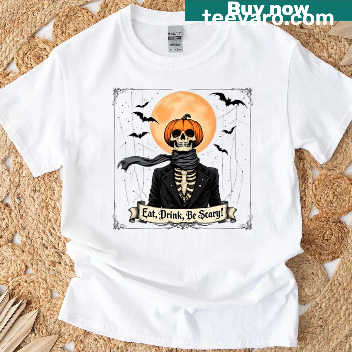 Oversized T-shirt featuring spooky skeleton graphics for Halloween — on a men's t-shirt