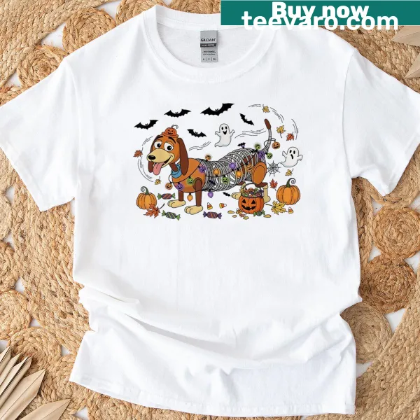 Cartoon slinky dachshund skeleton Halloween T-shirt